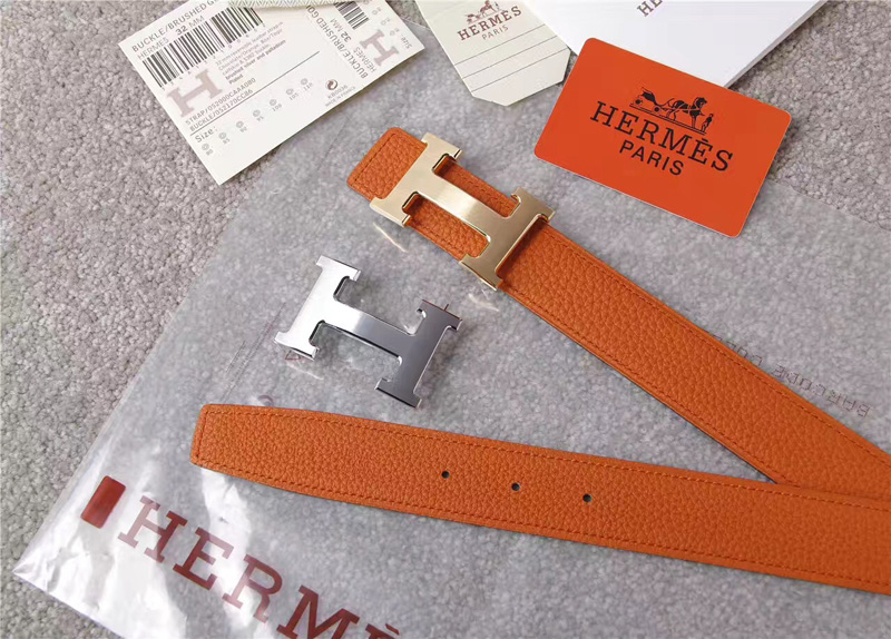 愛馬仕腰帶 Hermès 愛馬仕原單腰帶 經(jīng)典H拉絲扣頭 海外進(jìn)口荔枝紋帶條 橙色