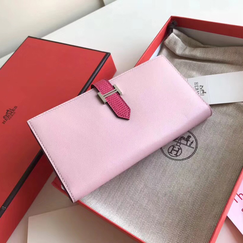 Hermes錢包 愛馬仕Bean H扣錢夾 Hermes錢包 SWIFT皮錢包 CK89奶昔粉拼蜥蜴皮