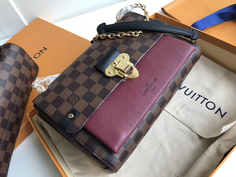 N40109 LV VAVIN 小號手袋 Damier Ebene咖啡格帆布女包 LV鏈條包 酒紅