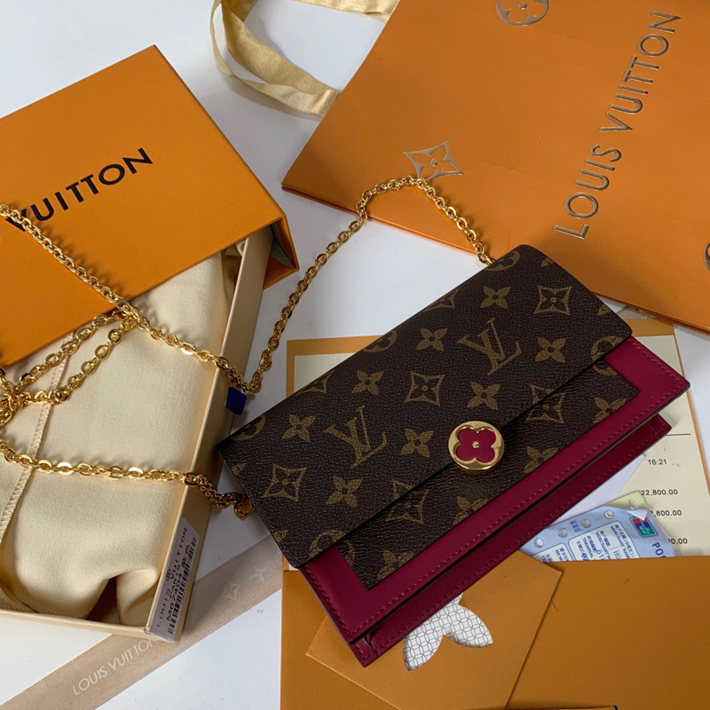 M67404 LV FLORE 鏈條包 Monogram 帆布配小牛皮女包 LV鏈條包 玫紅