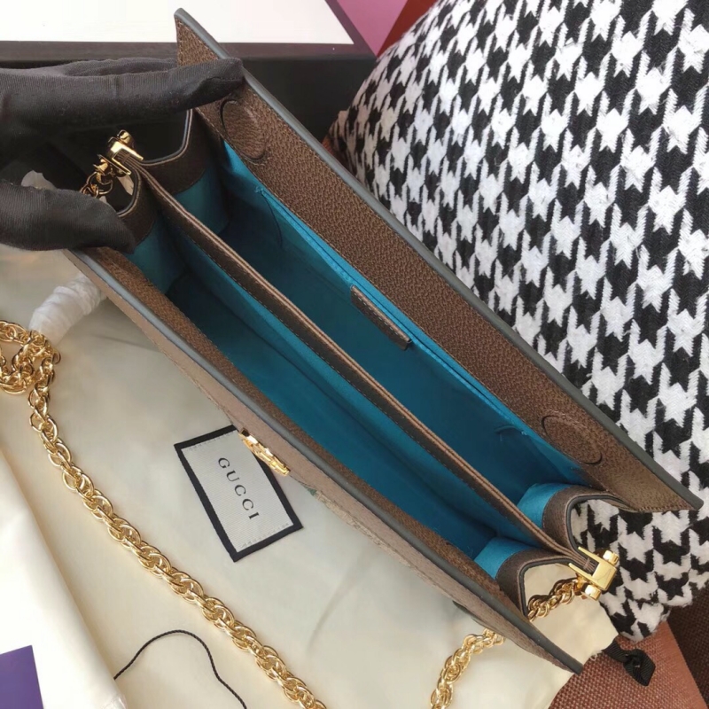 503877 Gucci Ophidia系列小號 GG 嵌花條紋織帶 鏈條肩背包 啡棕