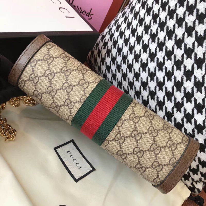 503877 Gucci Ophidia系列小號 GG 嵌花條紋織帶 鏈條肩背包 啡棕