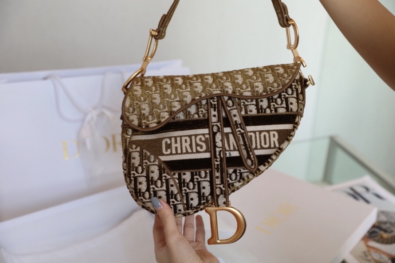 M0446 Dior Saddle手提包 棕色天鵝絨 Oblique 印花馬鞍包
