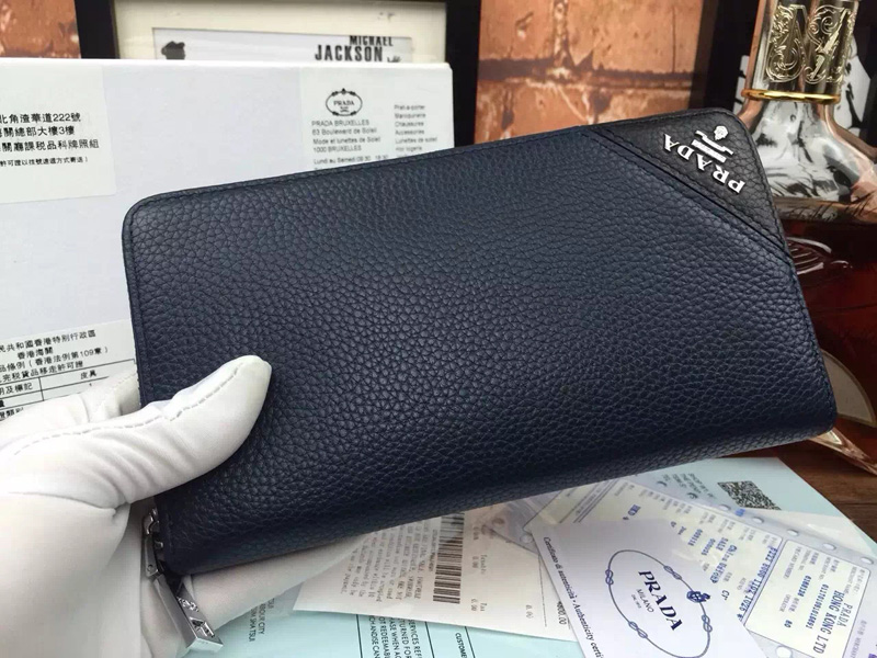 Prada長款錢包 普拉達荔枝紋男士錢包 PRADA最新款系列錢包 藍色