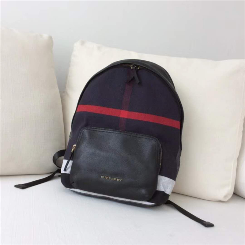 巴寶莉 Canvas 格紋拼皮革 雙肩包 巴寶莉男包 暗紅格紋