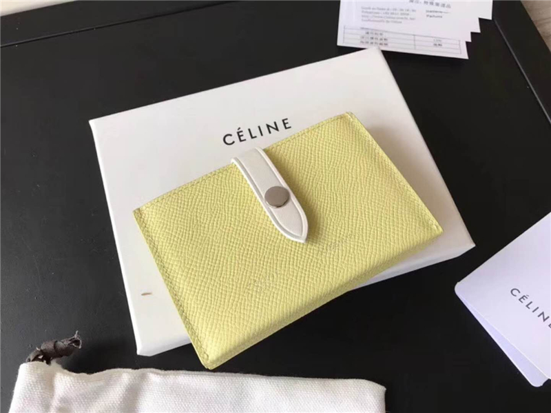 104323 Celine賽琳 Strap 粒面拼亮澤小牛皮 風琴褶 卡包 檸檬黃配白