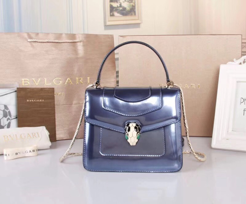 BVLGARI寶格麗 琺瑯蛇頭 純色 牛皮鏡面 翻蓋手提風琴包 紫羅蘭