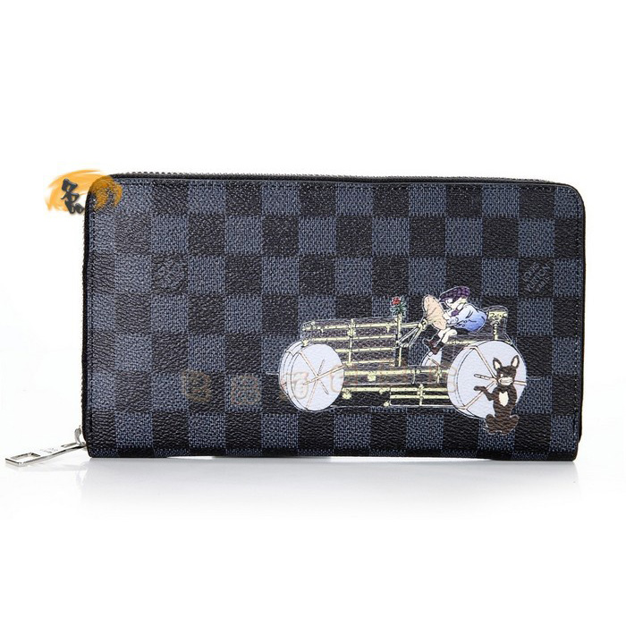 N63002 LV最新款 卡通畫版錢包 LV錢包 黑色棋盤格錢夾 LV Zippy系列長款錢包