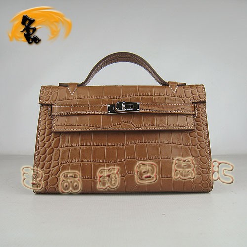 H008 Hermes最新款 鱷魚紋時(shí)尚休閑女包 Hermes Kelly 凱莉包 手提包 淺啡色