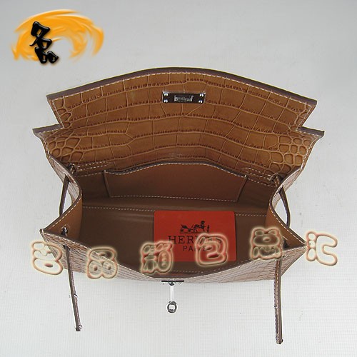 H008 Hermes最新款 鱷魚紋時(shí)尚休閑女包 Hermes Kelly 凱莉包 手提包 淺啡色
