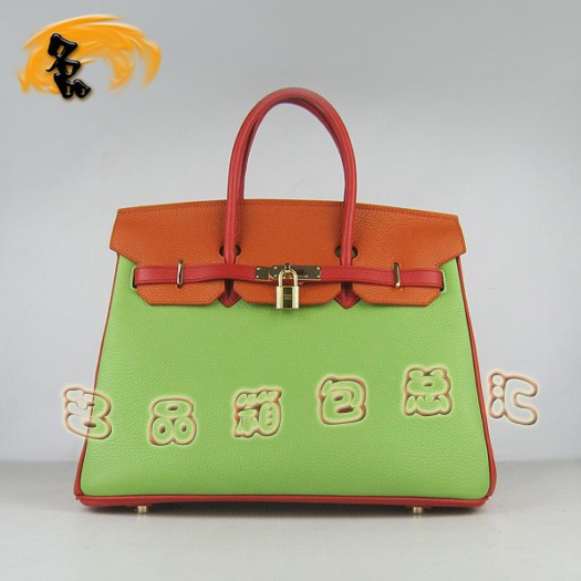 6089 Hermes Birkin 鉑金包 35 Hermes荔枝紋綠紅橙三色 手提包 金扣