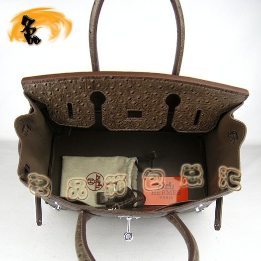 6088 愛(ài)馬仕女包 Hermes Birkin 鉑金包 Hermes手提包 鴕鳥(niǎo)紋銀扣 深啡色