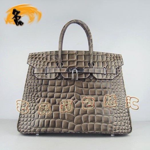6089 Hermes Birkin 鉑金包 35cm 鱷魚紋女包 Hermes手提包 卡其色銀扣
