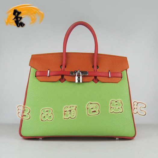 6089 Hermes Birkin 鉑金包 35 Hermes荔枝紋綠紅橙三色 手提包 銀扣