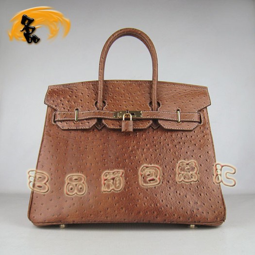 6089 Hermes Birkin 鉑金包 35 Birkin 鴕鳥(niǎo)紋女包 Hermes手提包 淺啡色金扣