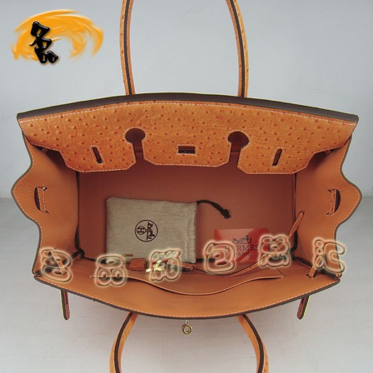 6089 愛(ài)馬仕新款鴕鳥(niǎo)紋女包 Hermes Birkin 鉑金包 Hermes手提包 橙色金扣