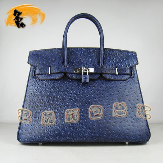 6089 Hermes Birkin 鉑金包 35 Birkin 鴕鳥紋女包 Hermes手提包 深藍(lán)色銀扣