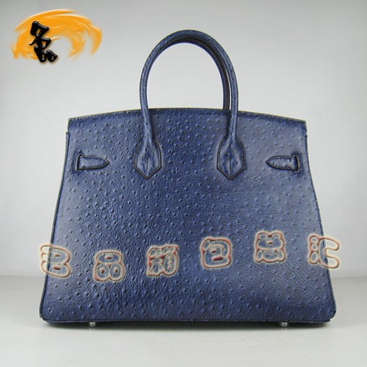 6089 Hermes Birkin 鉑金包 35 Birkin 鴕鳥紋女包 Hermes手提包 深藍(lán)色銀扣