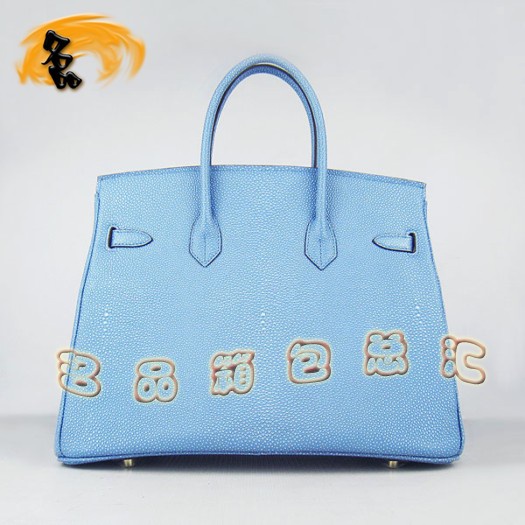 6089 Hermes手提包 Hermes 35 Birkin 鉑金包 珍珠紋女包 淺藍(lán)色金扣