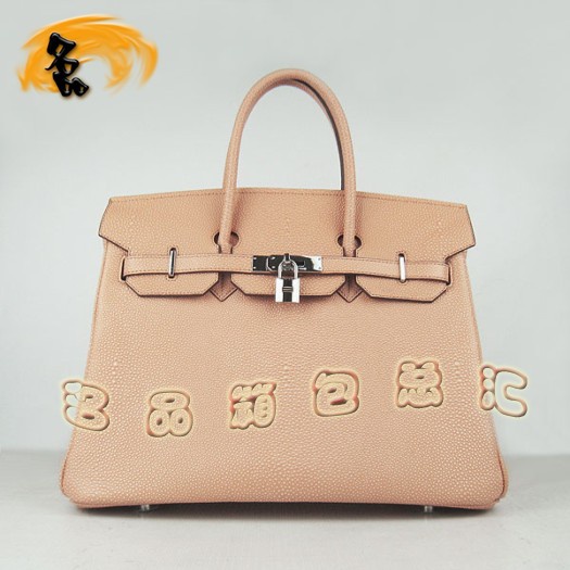 6089 Hermes 35 Birkin 珍珠紋女包 Hermes手提包 Birkin 鉑金包 杏色銀扣