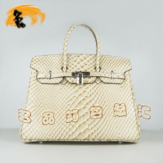 6089 Hermes女包 Hermes Birkin 鉑金包 35 魚紋女士手提包 米黃色銀扣