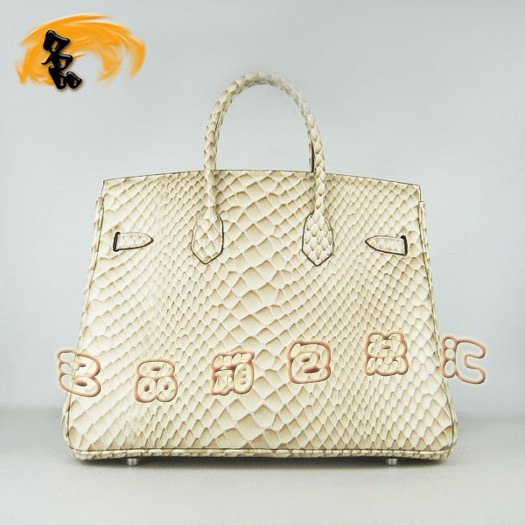 6089 Hermes女包 Hermes Birkin 鉑金包 35 魚紋女士手提包 米黃色銀扣