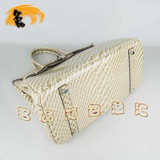 6089 Hermes女包 Hermes Birkin 鉑金包 35 魚紋女士手提包 米黃色銀扣