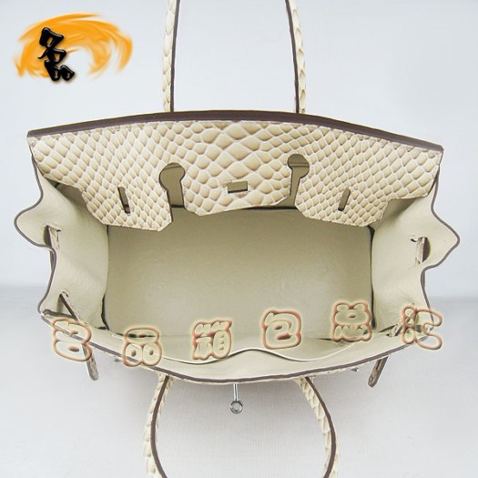 6089 Hermes女包 Hermes Birkin 鉑金包 35 魚紋女士手提包 米黃色銀扣