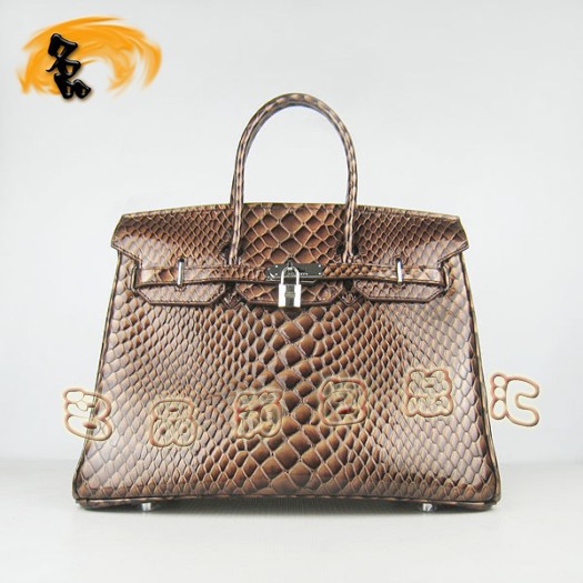 6089 Hermes女包 Hermes Birkin 鉑金包 35 魚(yú)紋女士手提包 深啡色銀扣