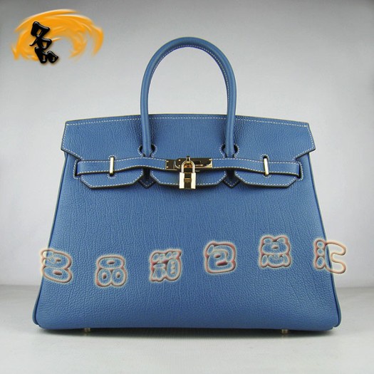 6089 Hermes 35 Birkin 牛頸紋手提包 Hermes女包 Hermes Birkin 鉑金包 藍(lán)色金扣