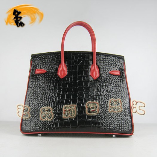 6089 Hermes 鱷魚紋手提包 Hermes女包 Hermes Birkin 鉑金包 黑配紅銀扣(35)