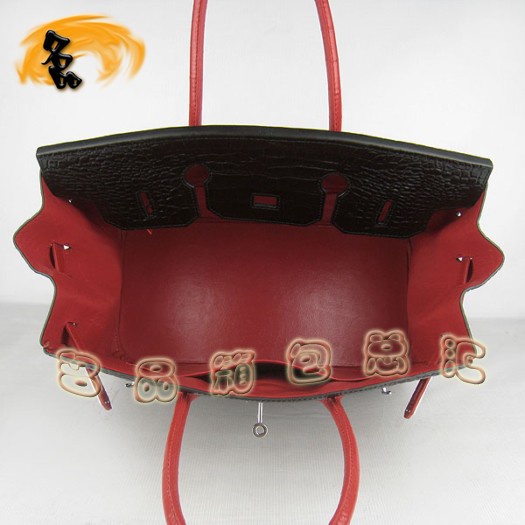 6089 Hermes 鱷魚紋手提包 Hermes女包 Hermes Birkin 鉑金包 黑配紅銀扣(35)