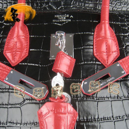 6089 Hermes 鱷魚紋手提包 Hermes女包 Hermes Birkin 鉑金包 黑配紅銀扣(35)