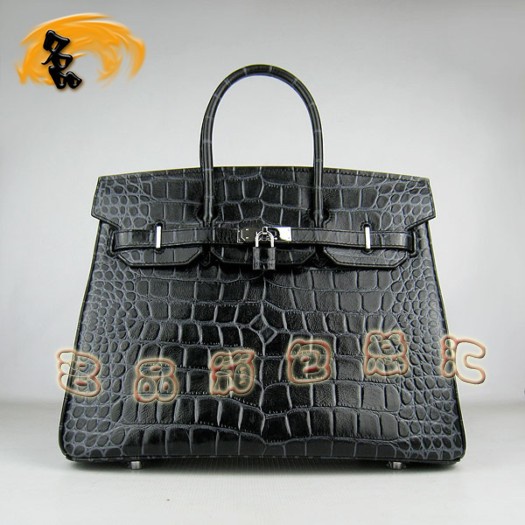 6089 Hermes 鱷魚紋手提包 Hermes女包 Hermes Birkin 鉑金包 黑色銀扣(35)