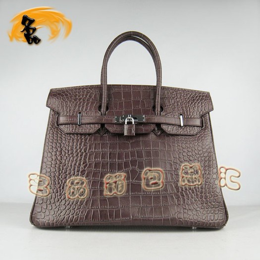6089 Hermes 鱷魚紋手提包 Hermes女包 Hermes Birkin 鉑金包 深啡色銀扣(35)