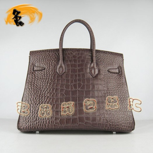 6089 Hermes 鱷魚紋手提包 Hermes女包 Hermes Birkin 鉑金包 深啡色銀扣(35)