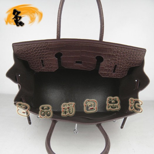 6089 Hermes 鱷魚紋手提包 Hermes女包 Hermes Birkin 鉑金包 深啡色銀扣(35)