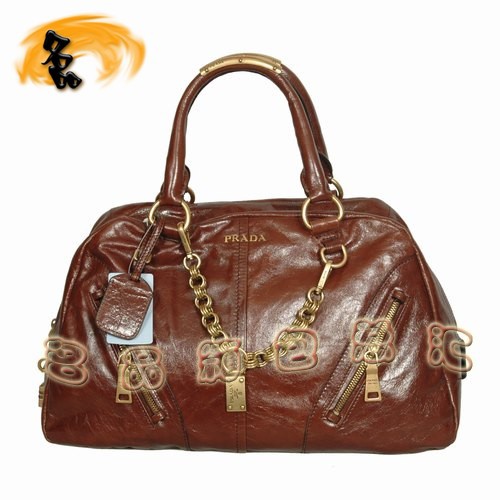 081117 Prada高檔女包 普拉達經典時尚全皮手提包 Prada肩包 啡色