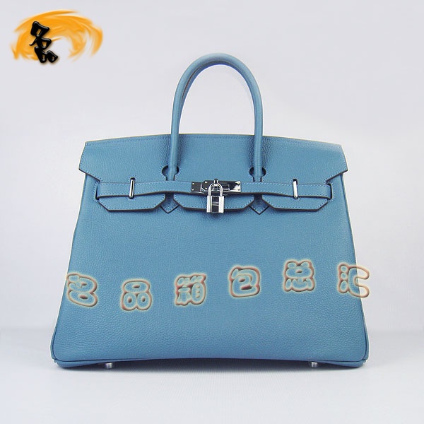 6089 Hermes Birkin 鉑金包 愛馬仕經典荔枝紋 手提包 35 Hermes女包 中藍銀扣