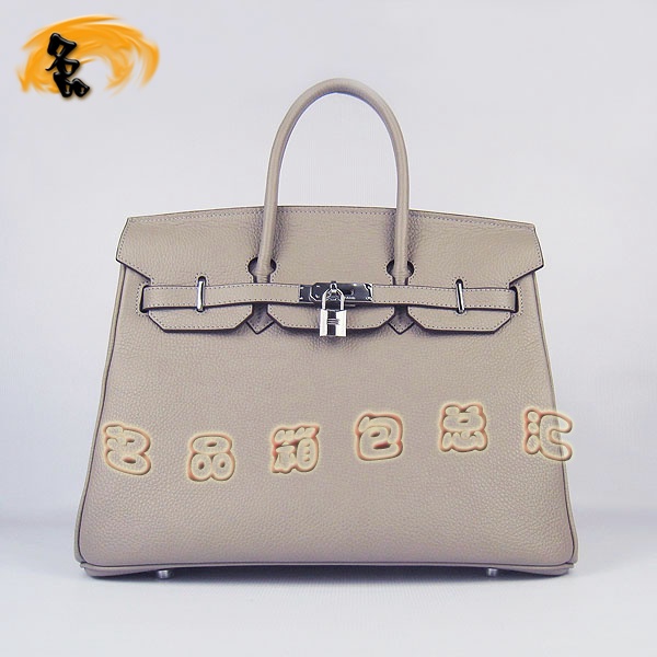 6089 Hermes Birkin 鉑金包 愛馬仕荔枝紋35 時尚手提包 Hermes女包 灰色銀扣