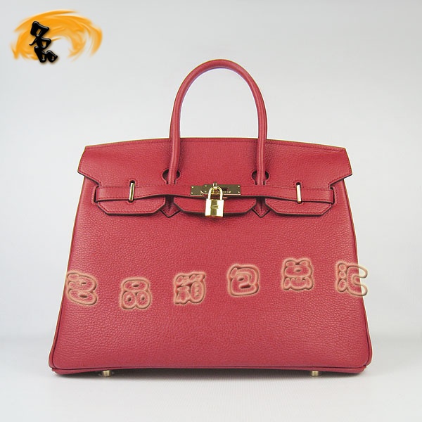 6089 Hermes Birkin 鉑金包 愛馬仕荔枝紋35 時尚手提包 Hermes女包 紅色金扣