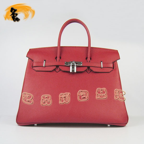 6089 Hermes Birkin 鉑金包 愛馬仕荔枝紋35 時尚手提包 Hermes女包 紅色銀扣