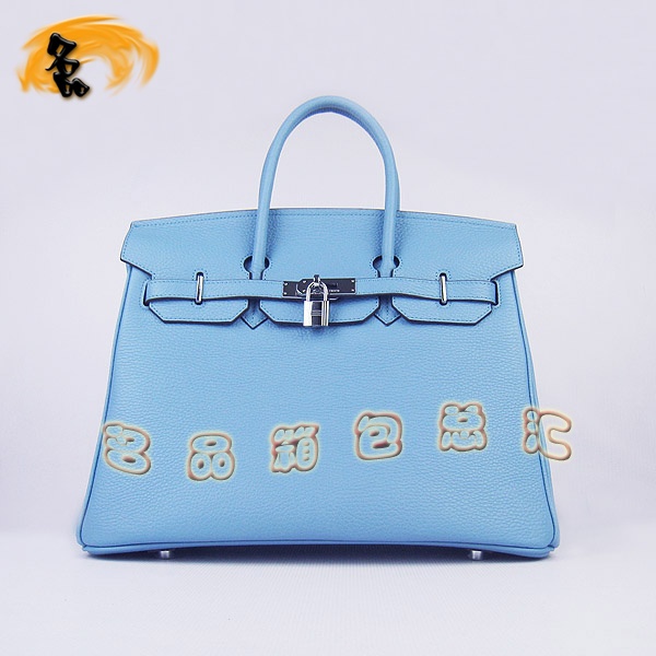 6089 Hermes Birkin 鉑金包 愛馬仕經典荔枝紋 手提包 35 Hermes女包 淺藍銀扣