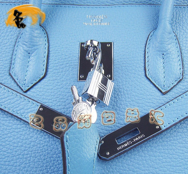 6089 Hermes Birkin 鉑金包 愛馬仕經典荔枝紋 手提包 35 Hermes女包 淺藍銀扣