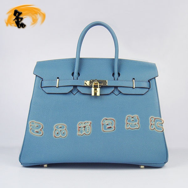 6089 Hermes Birkin 鉑金包 愛馬仕經(jīng)典牛頸紋 手提包 35 Hermes女包 中藍(lán)金扣