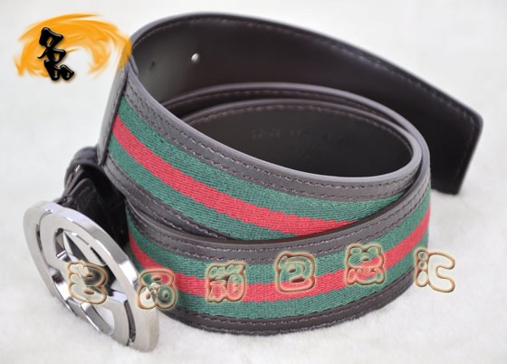 114984 Gucci新款 進口高檔牛皮配紅綠織帶男士皮帶 Gucci皮帶 Gucci腰帶 啡色