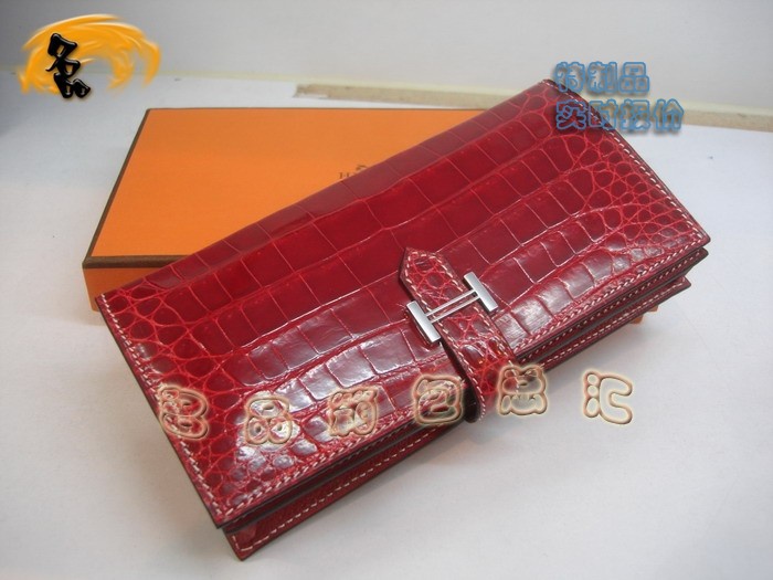 04618 Hermes最新款 Hermes真鱷魚皮 時尚女士錢夾 愛馬仕長款錢包 紅色 實時報價