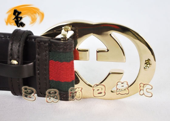 162922 Gucci新款 進(jìn)口牛皮配紅綠織帶金扣男士皮帶 Gucci皮帶 Gucci腰帶