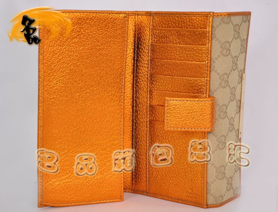 112715 Gucci經(jīng)典雙G花布女士錢夾 Gucci長款錢包 Gucci女包 錢包 杏配橙色