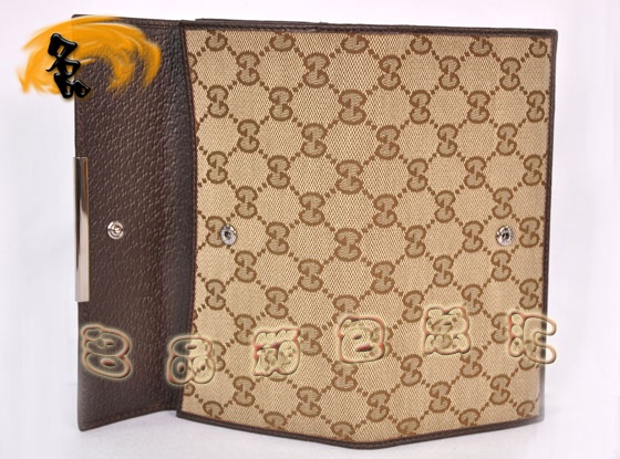 112715 Gucci經典雙G花布女士錢夾 Gucci長款錢包 Gucci女包 錢包 杏配深啡色